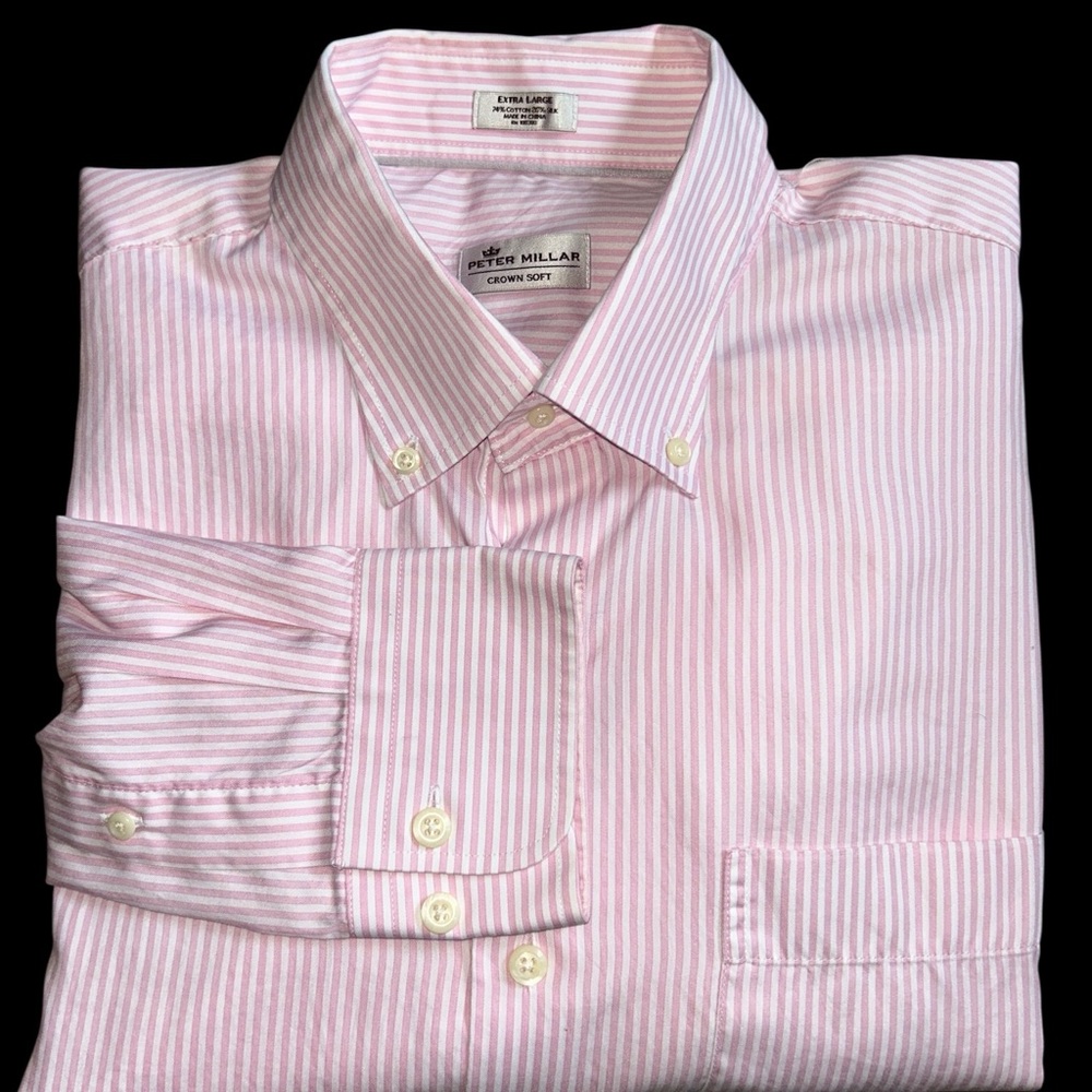 Peter Millar Crown Soft Pink/White Striped Long Sleeve Silk Blend Button Down XL